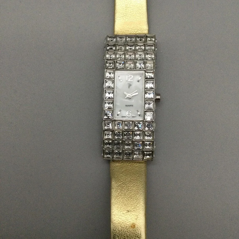 Crystal Bezel Womens Watch 20mm Silver Tone Case Gold Leather MOP New Battery